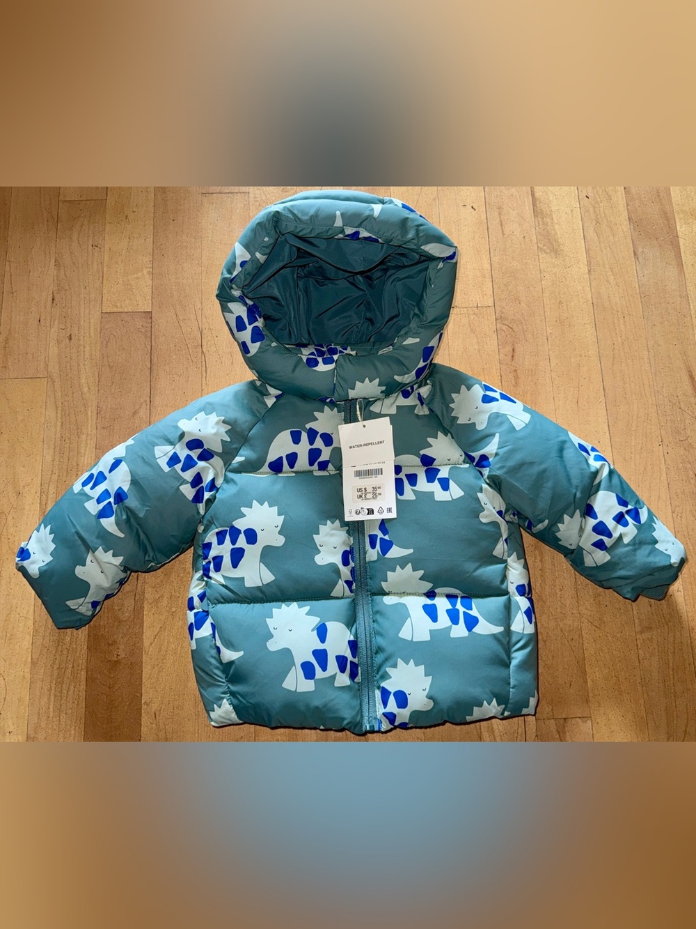 NEW Zara puffer jacket green Dino 9-12 months